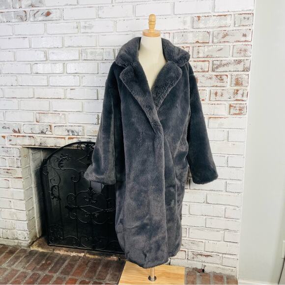 Grey Luxury Faux Fur Fall Winter Trending Street Style Long Coat Jacket Size Lg - Picture 1 of 9